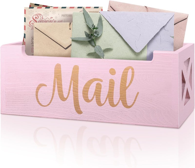 BOTOP Pink Mail Organizer Cute Mail Holder Countertop, Wooden Mail Basket Mail Tray Letter Holder for Office Desk, Farmhouse Mail Storage Box Wall Mounted - Image 1